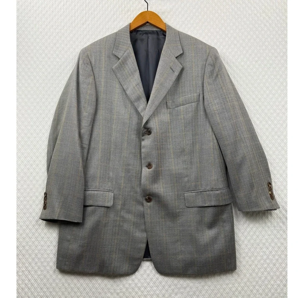 Hickey‎ Freeman Canterbury Blazer 43R Grey Silk Wool Herringbone Windowpane USA